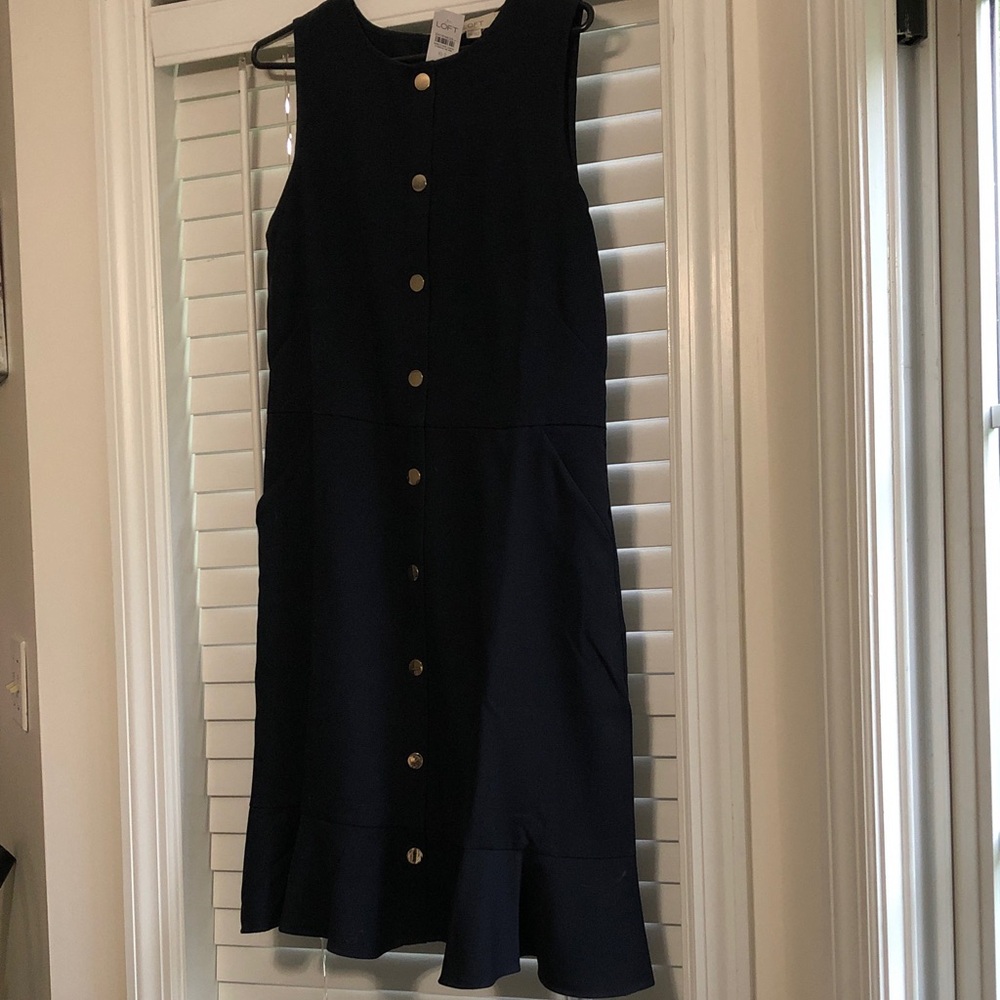 LOFT Navy Sleeveless Button-Front Midi Dress with Ruffle Hem
